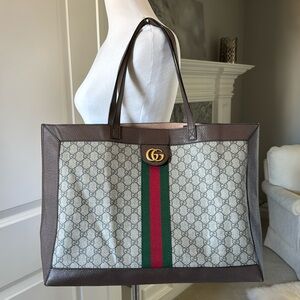 Auth Gucci GG Supreme Monogram Web Ophidia Soft Medium Tote Brown w Pouch